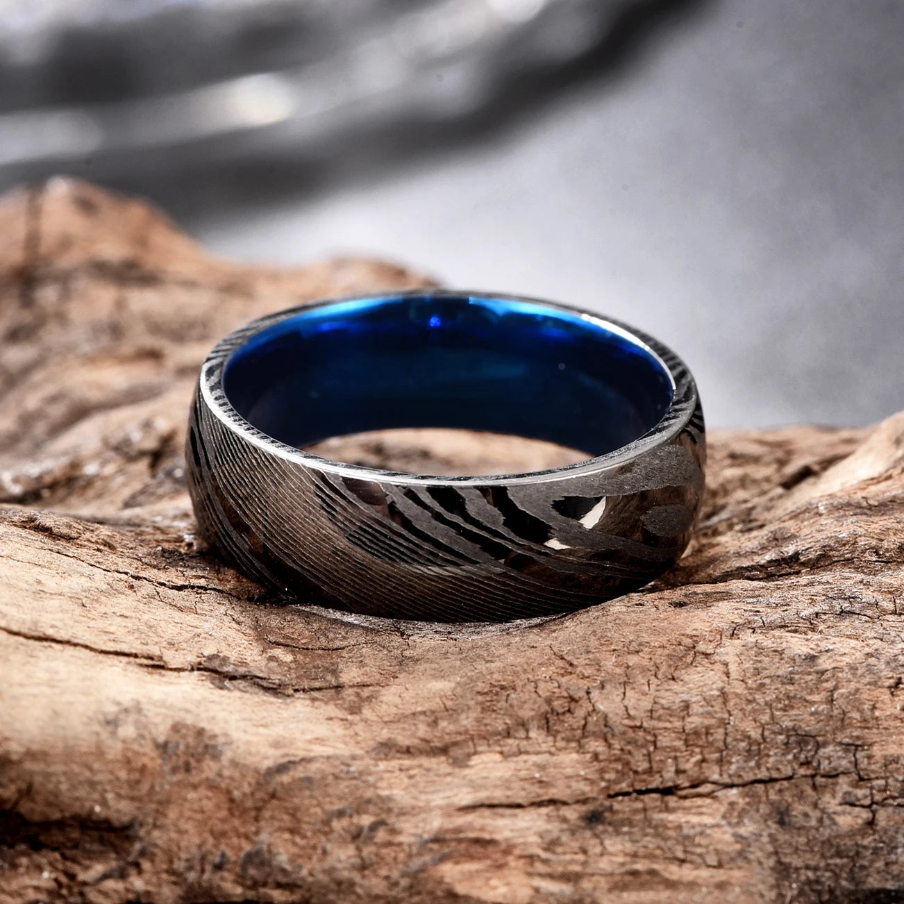 Damascus Steel | 8mm Gun Grey, Blue Inner Ring