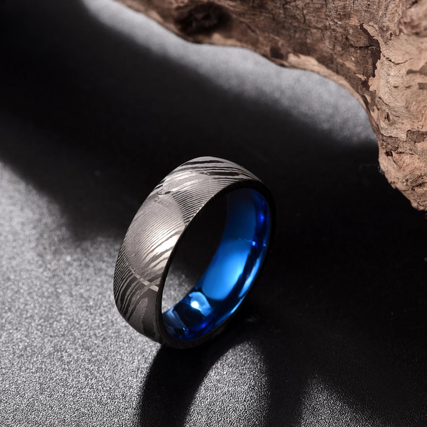 Damascus Steel | 8mm Gun Grey, Blue Inner Ring